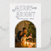 モダンな白とシルバーのクリスマス写真 箔シーズンカード (正面)