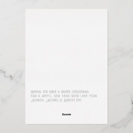 モダンな白とシルバーのクリスマス写真 箔シーズンカード (裏面)