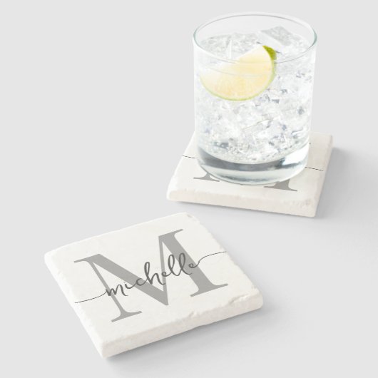 モダンな白と灰色のエレガントなスクリプト名前のイニシャル ストーンコースター (横)