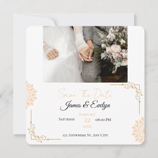 モダンな白と茶色の結婚式 セーブザデート (正面)