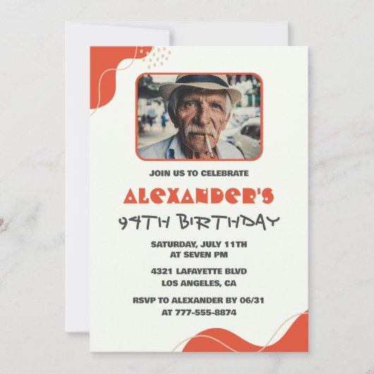 モダンな白と赤の男性94歳の誕生日招待状 招待状 (正面)