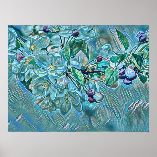 モダンな白と青と緑の桜の水彩画 ポスター (正面)