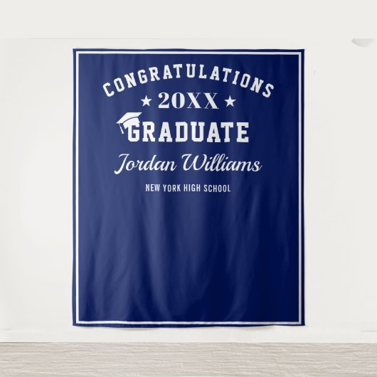 モダンな白と青の卒業写真用小道具背景 タペストリー (正面)