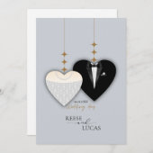 モダンな白と黒のイラスト結婚式のハート セーブザデート (正面/裏面)