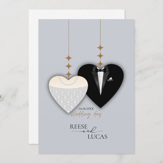 モダンな白と黒のイラスト結婚式のハート セーブザデート (正面/裏面)