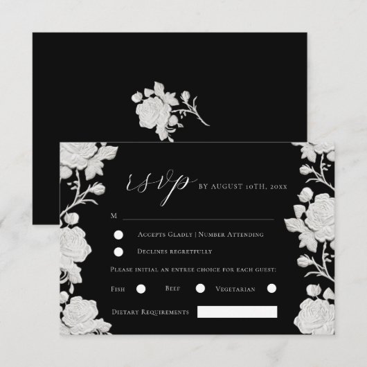 モダンな白と黒のバラの結婚式 出欠カード (正面/裏面)