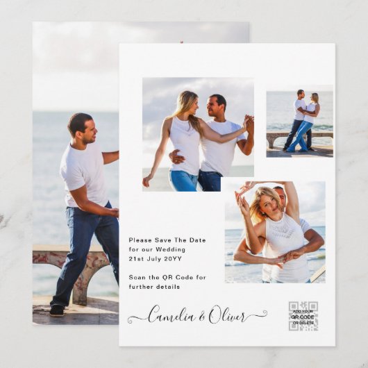 モダンな白と黒の写真 ウェディング招待状 QR 招待状 (正面/裏面)