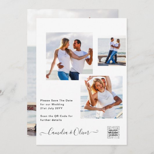 モダンな白と黒の写真 ウェディング 招待状 QRコード付き (正面/裏面)