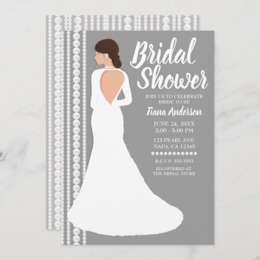 モダンな白のウェディングドレスとパールのブライダルシャワー 招待状 (正面/裏面)