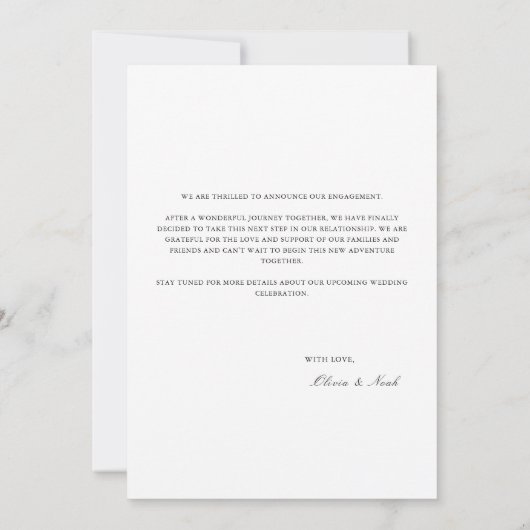 モダンな白のエンゲージメント発表カード 案内状 (裏面)
