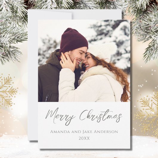 モダンな白のカスタム メリークリスマス フォト シーズンカード