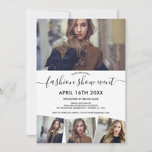 モダンな白のミニマルなスクリプト写真 ファッションショー 招待状 (裏面)