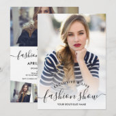 モダンな白のミニマルなスクリプト写真 ファッションショー 招待状 (正面/裏面)