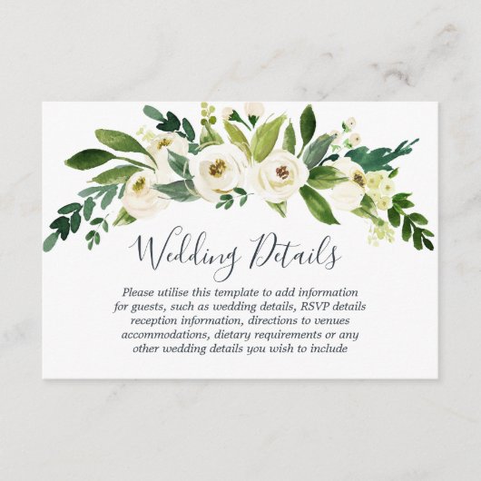 モダンな白の花と植物のウェディングディテール エンクロージャーカード (正面)