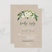 モダンな白の花の麻の手書き返信カード 出欠カード (正面/裏面)