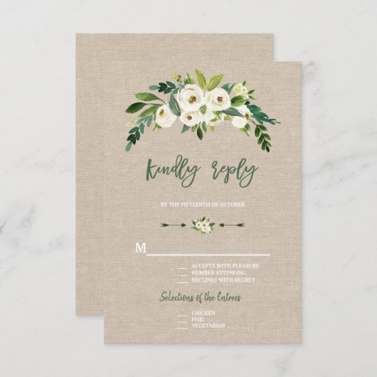 モダンな白の花の麻の手書き返信カード 出欠カード (正面/裏面)