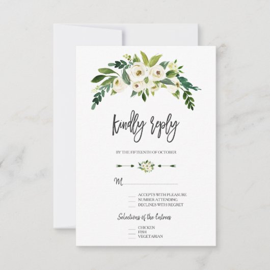 モダンな白の花をあしらったおしゃれな筆記体の出欠確認カード 出欠カード (正面)