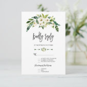 モダンな白の花をあしらったおしゃれな筆記体の出欠確認カード 出欠カード (スタンド正面)