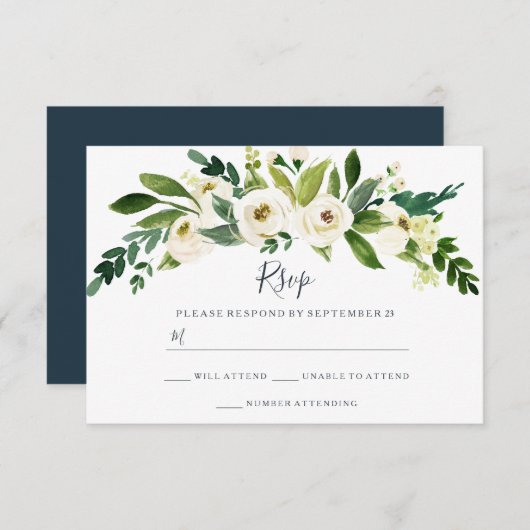 モダンな白の花園ウェディングの出欠確認 出欠カード (正面/裏面)