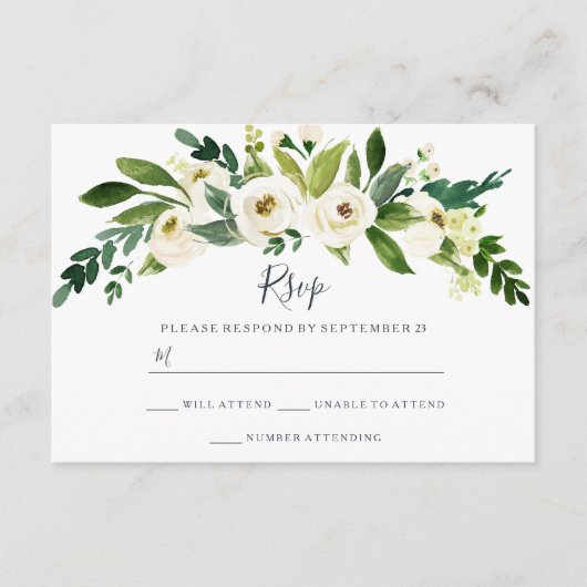モダンな白の花園ウェディングの出欠確認 出欠カード (正面)