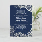 モダンな白レース柄 ネイビーブルーの結婚式 招待状 (スタンド正面)