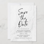 モダンな白大理石の手書きスクリプトの結婚式延期案内状 セーブザデート (正面)