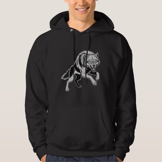 モダンな白線で描かれた凶暴なオオカミのTシャツ パーカ (正面)
