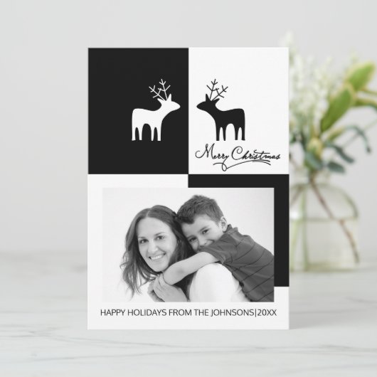 モダンな白黒のシカのメリークリスマスの写真 シーズンカード (スタンド正面)