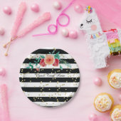 モダンな白黒のストライプのな金ゴールドの紙皿 ペーパープレート (パーティー)