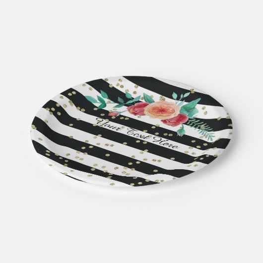 モダンな白黒のストライプのな金ゴールドの紙皿 ペーパープレート (アングル)