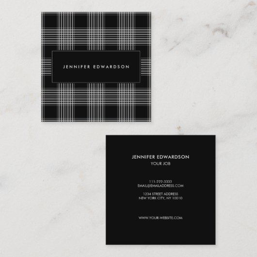 モダンな白黒のタータンチェックパターンプロフェッショナル スクエア名刺 (正面/裏面)