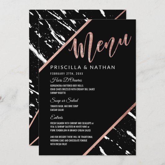 モダンな白黒の大理石のばら色の金ゴールドの結婚 メニュー (正面/裏面)