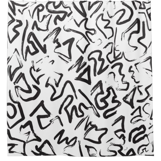 モダンな白黒の抽象芸術の落書きブラシストローク シャワーカーテン (正面)