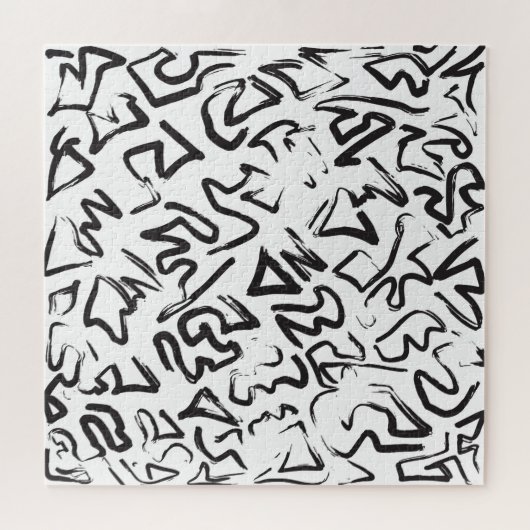 モダンな白黒の抽象芸術の落書きブラシストローク ジグソーパズル (横)