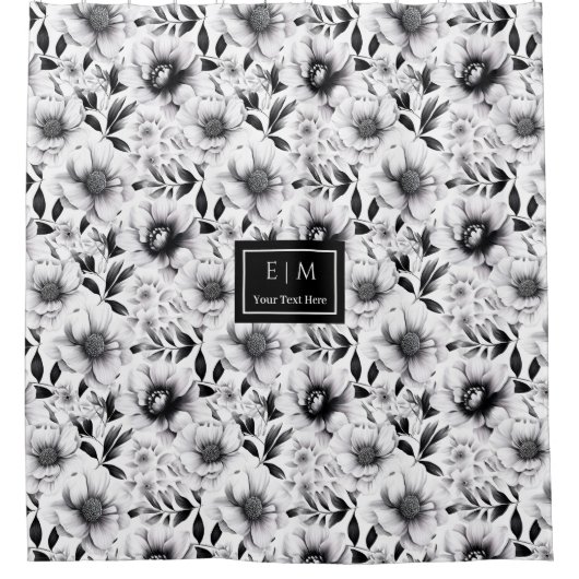 モダンな白黒の花柄バスルームカーテン シャワーカーテン (正面)