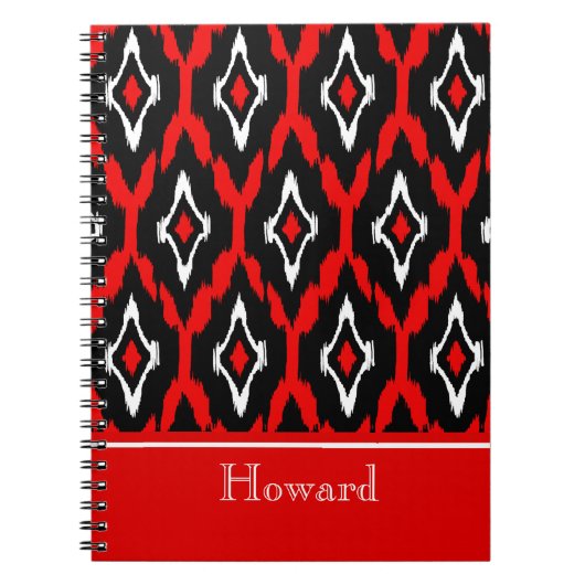 モダンな白黒の赤いイカットの種族パターン1 ノートブック (正面)