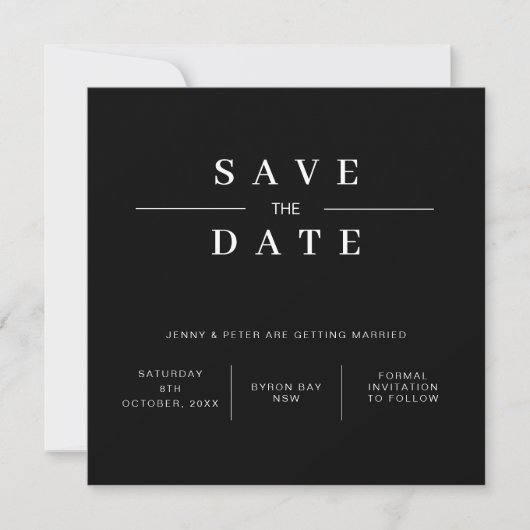 モダンな白黒のSave the Date 招待状 (正面)