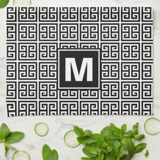 モダンな白黒ギリシャ人の鍵のモノグラム キッチンタオル (折り畳み)