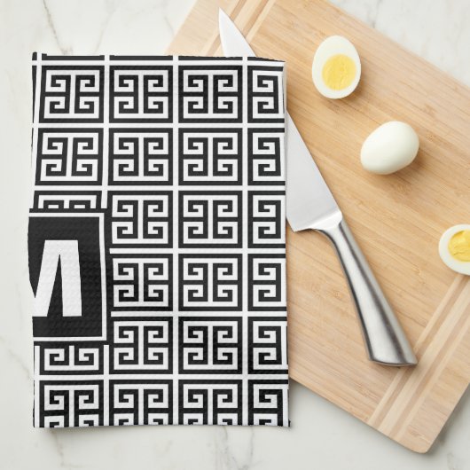 モダンな白黒ギリシャ人の鍵のモノグラム キッチンタオル (四つ折り)