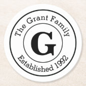 モダンな白黒パーソナライズなモノグラム家族 ラウンドペーパーコースター (正面)