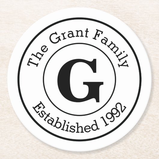 モダンな白黒パーソナライズなモノグラム家族 ラウンドペーパーコースター (正面)