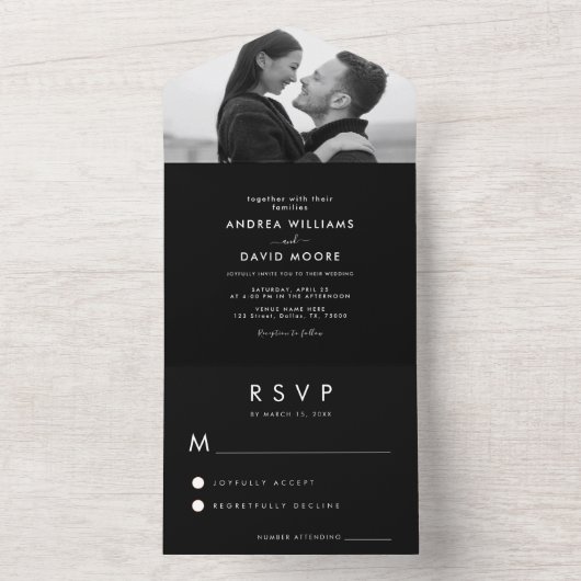 モダンな白黒写真 シンプルな出欠確認 ウェディング オールインワン招待状 (内側)