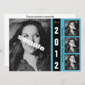 モダンな白黒及び青の卒業の発表 招待状 (正面/裏面)