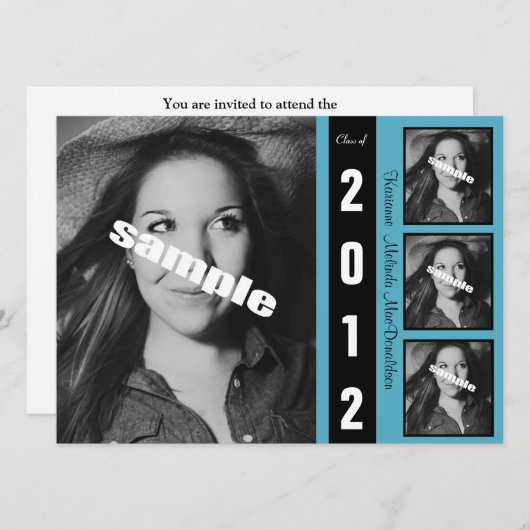 モダンな白黒及び青の卒業の発表 招待状 (正面/裏面)