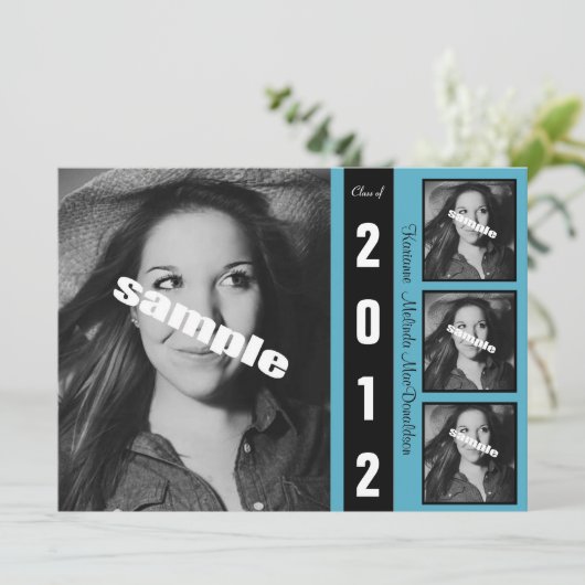 モダンな白黒及び青の卒業の発表 招待状 (スタンド正面)