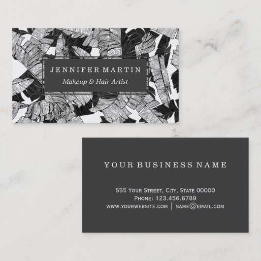 モダンな白黒熱帯バナナの葉 名刺 (正面/裏面)