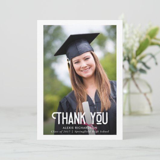 モダンな白|の卒業の写真は感謝していしています サンキューカード (スタンド正面)