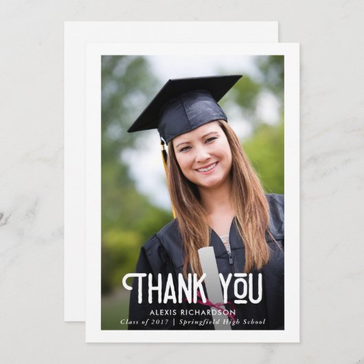 モダンな白|の卒業の写真は感謝していしています サンキューカード (正面/裏面)