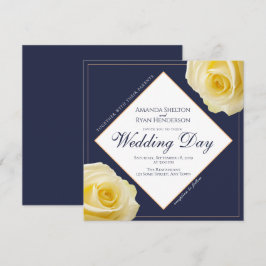 モダンな真夜中の青い黄色バラの花の結婚式 招待状