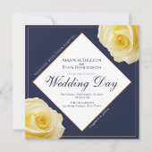 モダンな真夜中の青い黄色バラの花の結婚式 招待状 (正面)